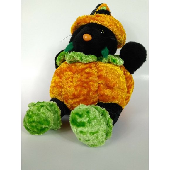 Halloween Plush Black Cat Jack-o-Lantern & Witch Brew Hat Stuffed Animal Toy 14" - Picture 6 of 11